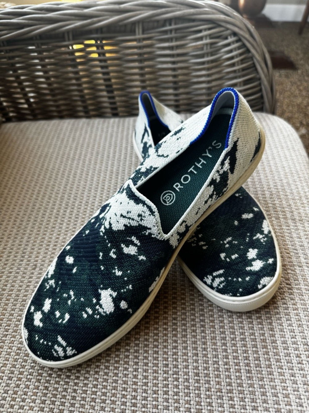 Rothy's Black & White Slip-On Knit Flats with Blue Trim